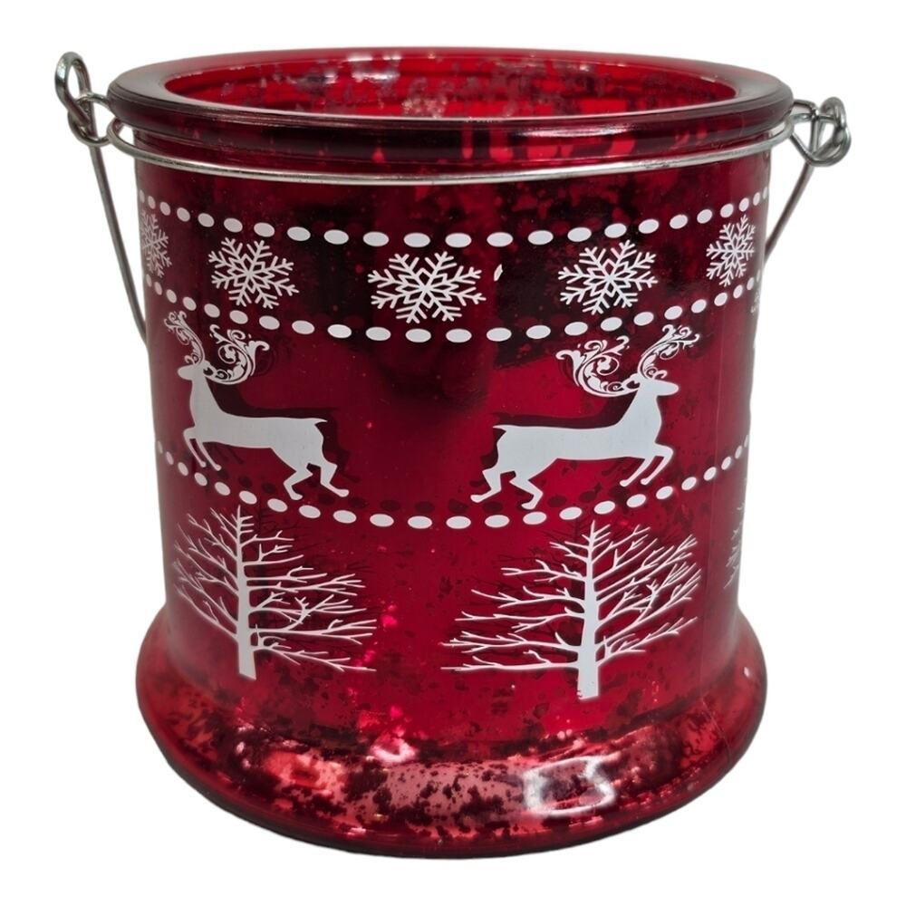 Red and White Glass Candle Holder with Trees, Reindeer, and Snow Flakes